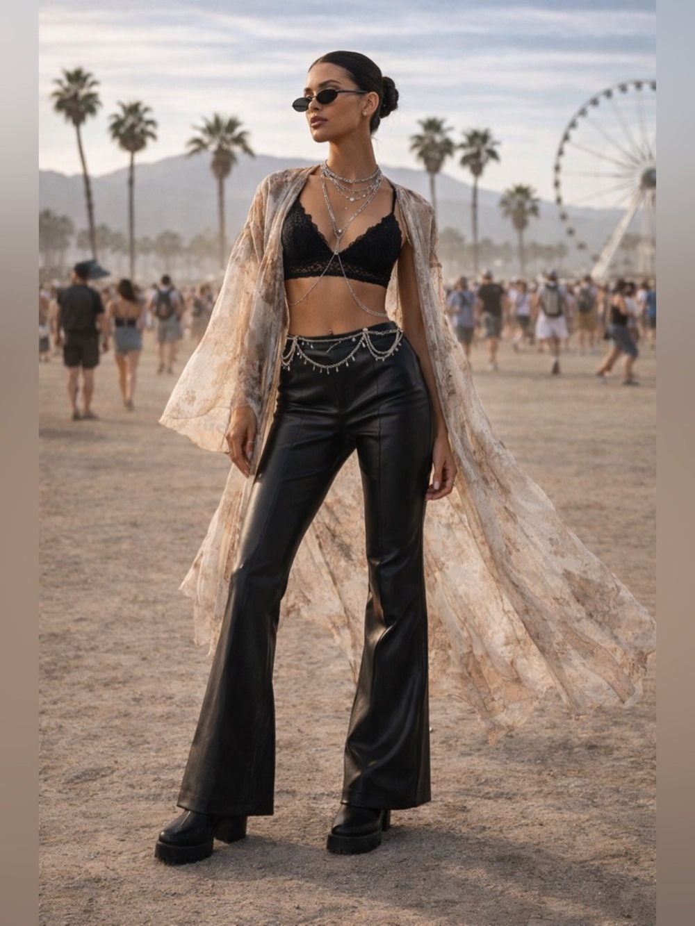 TIGER MIST Black Faux Leather Flared Pants  Coachella festival‎ vibe